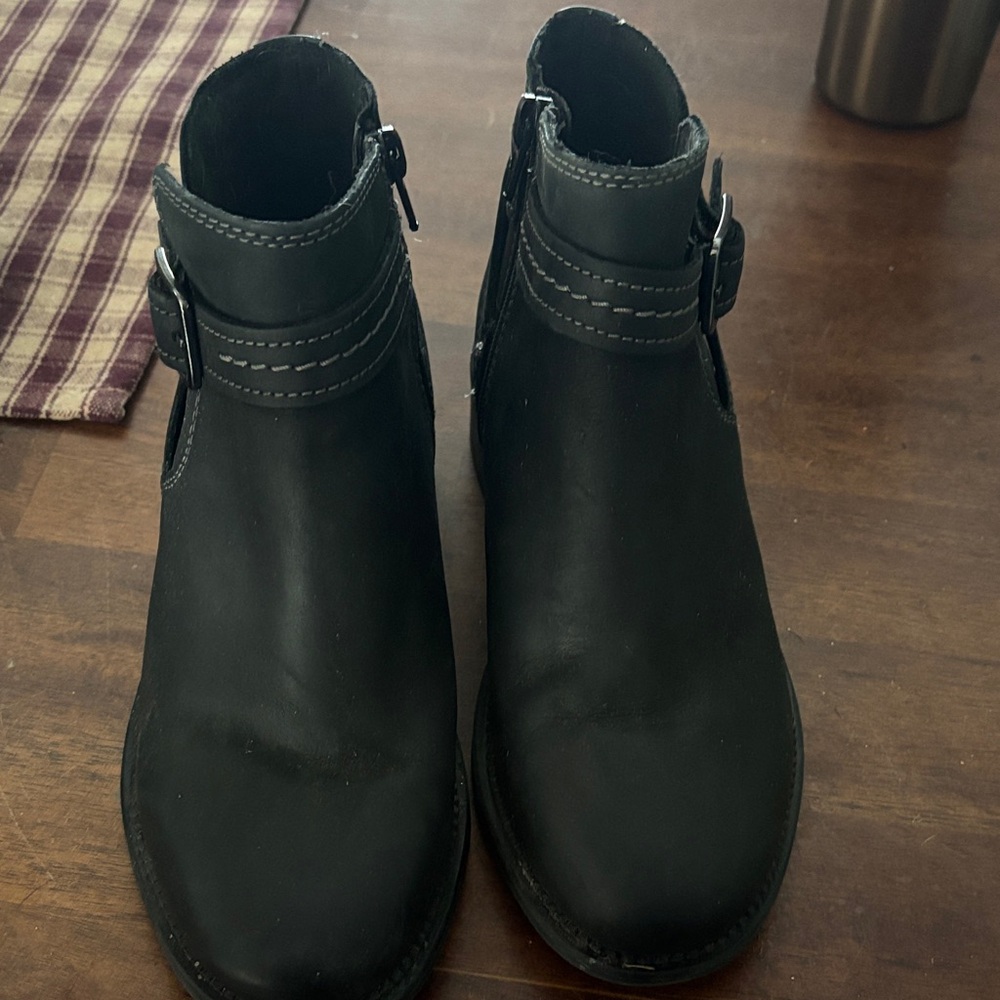 Clarks Black Leather Ankle Boots with Buckle Detail